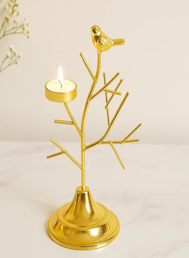 The Decor Wick حامل شموع على شكل شجرة طيور معدنية ذهبية اللون من ديكور ويك (قطعة واحدة) | حامل شموع مزخرف لتزيين المنزل، وقطعة مركزية لطاولة الاحتفالات في ديوالي | الارتفاع 22 سم | القاعدة 10 × 10 سم - Image 1